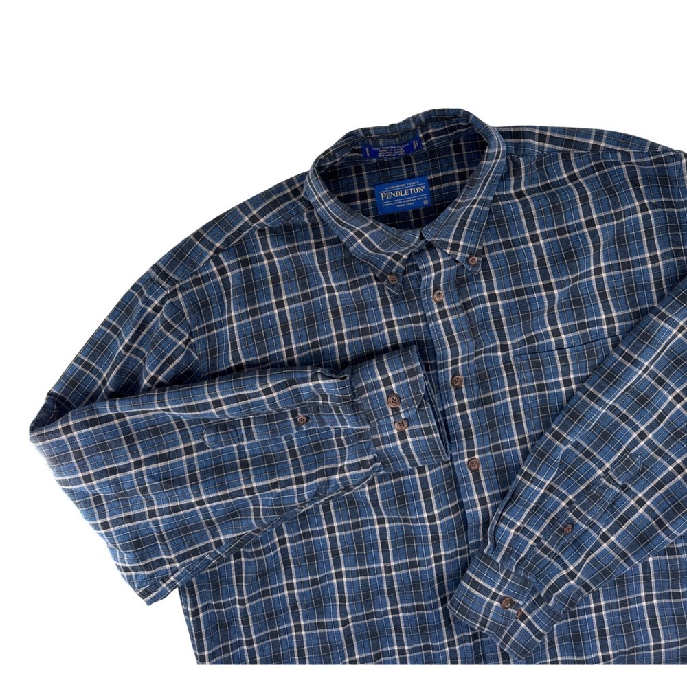Pendleton Canterbury Cloth Plaid Shirt XL Blue Pima Cotton Merino Wool Blend